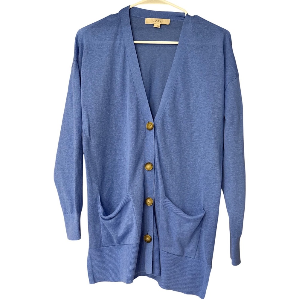 LOFT Blue Linen Blend V-Neck Button Front Cardigan Sweater Pockets Womens Medium
